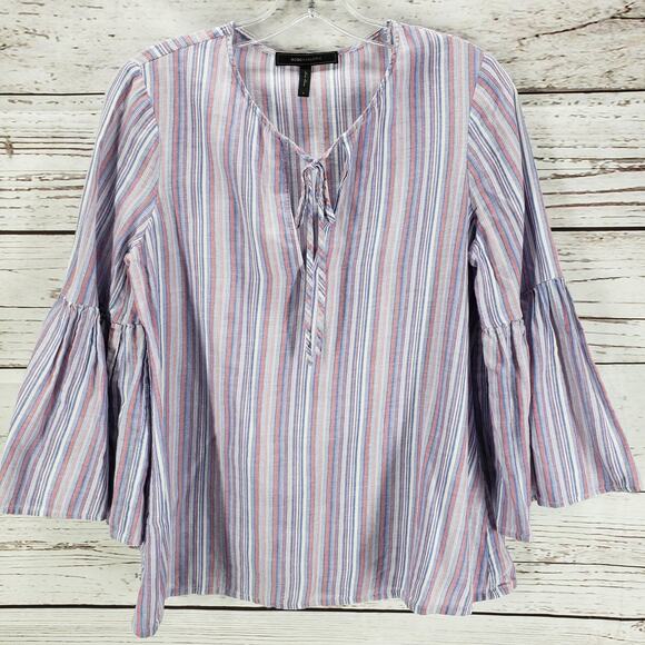 BCBGMAXAZRIA Purple 100%Cotton Bell Sleeve Striped Top Size Small - Picture 1 of 11